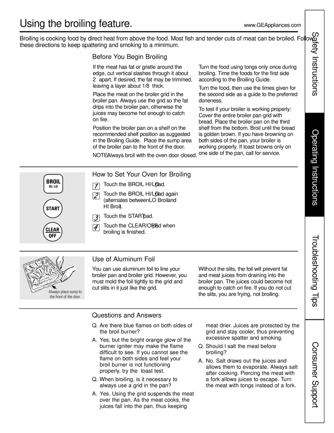 GE JGRP20 Using the broiling feature, Before You Begin Broiling…, How to Set Your Oven for Broiling, Use of Aluminum Foil 