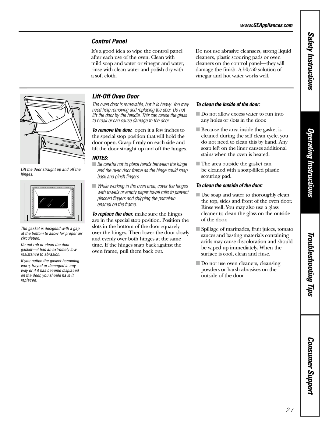 GE JGRP20 owner manual Control Panel, Lift-Off Oven Door, To clean the inside of the door, To clean the outside of the door 