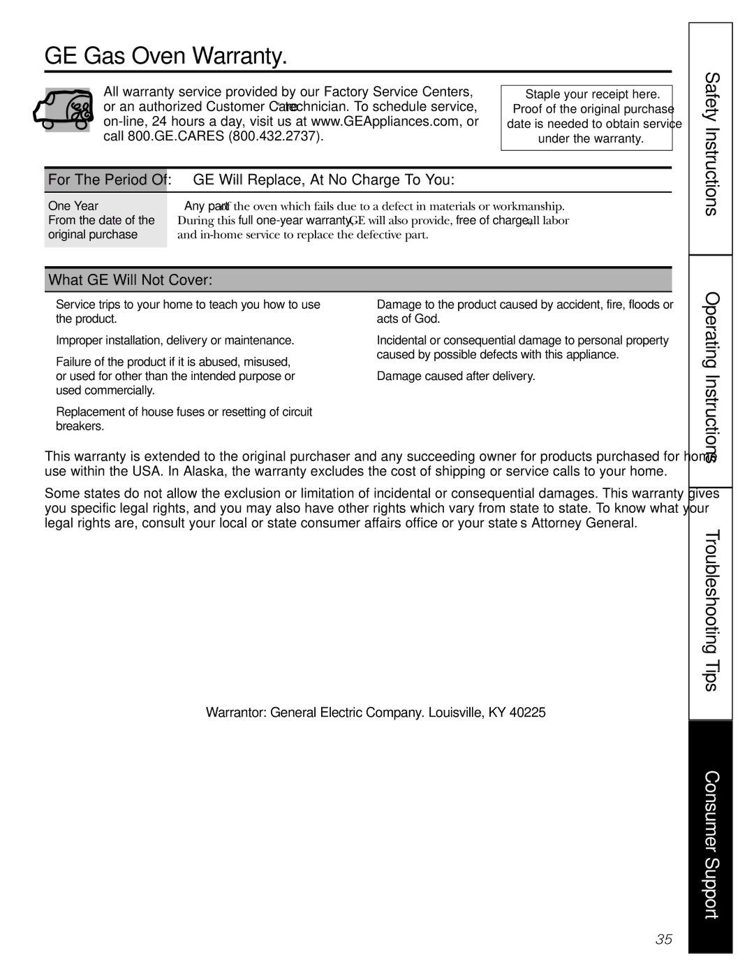 GE JGRP20 GE Gas Oven Warranty, GE Will Replace, At No Charge To You, What GE Will Not Cover, Operating Instructions 