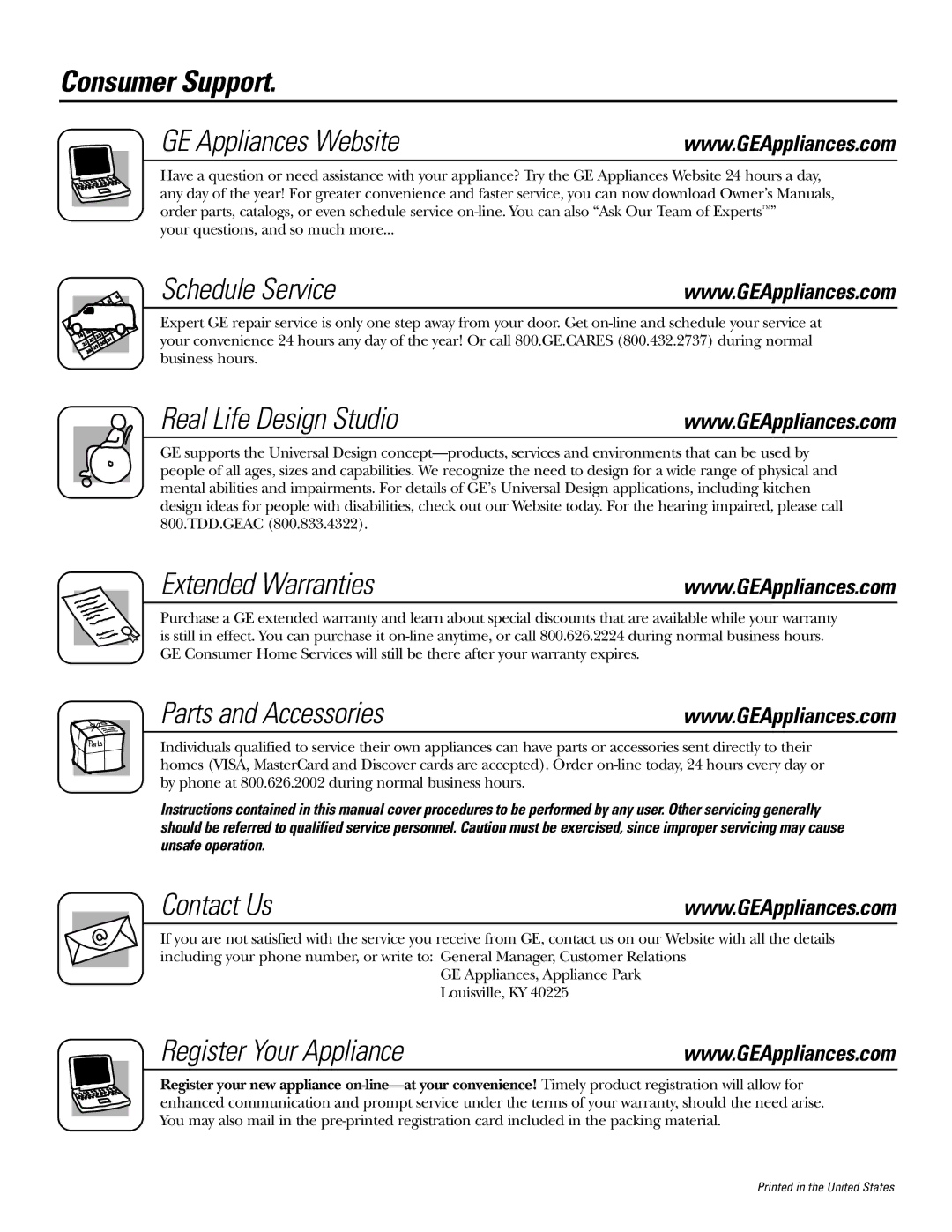 GE JGRP20 Consumer Support GE Appliances Website, Schedule Service, Real Life Design Studio, Extended Warranties 