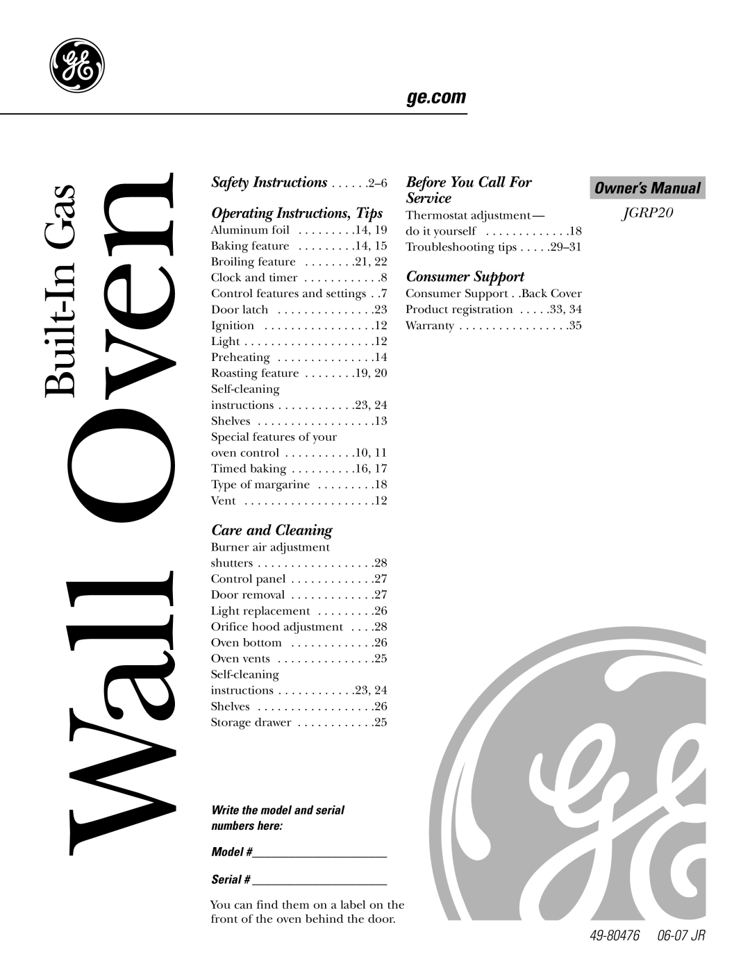 GE JGRP20 owner manual Built-In Gas, Write the model and serial numbers here Model # Serial # 