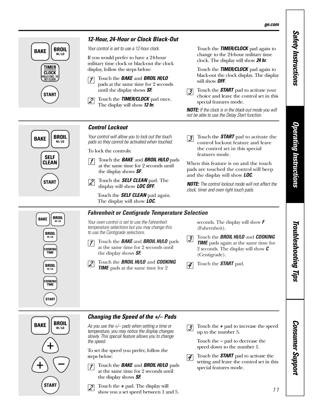 GE JGRP20 owner manual Hour, 24-Hour or Clock Black-Out, Control Lockout, Fahrenheit or Centigrade Temperature Selection 