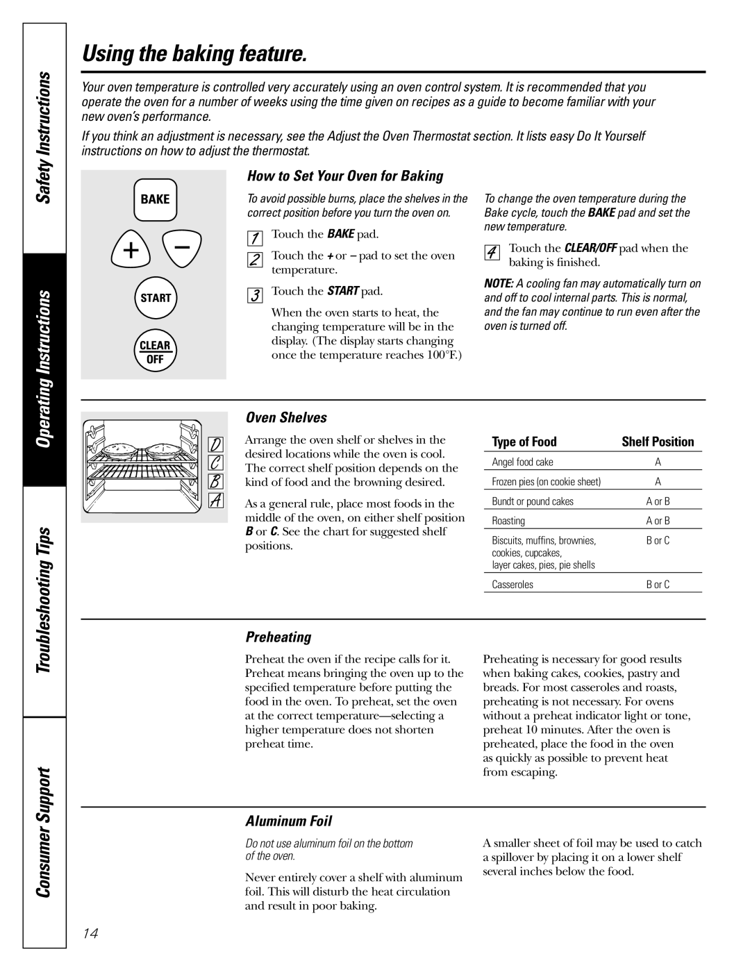 GE JGRP20 owner manual Using the baking feature, How to Set Your Oven for Baking, Oven Shelves, Preheating, Aluminum Foil 