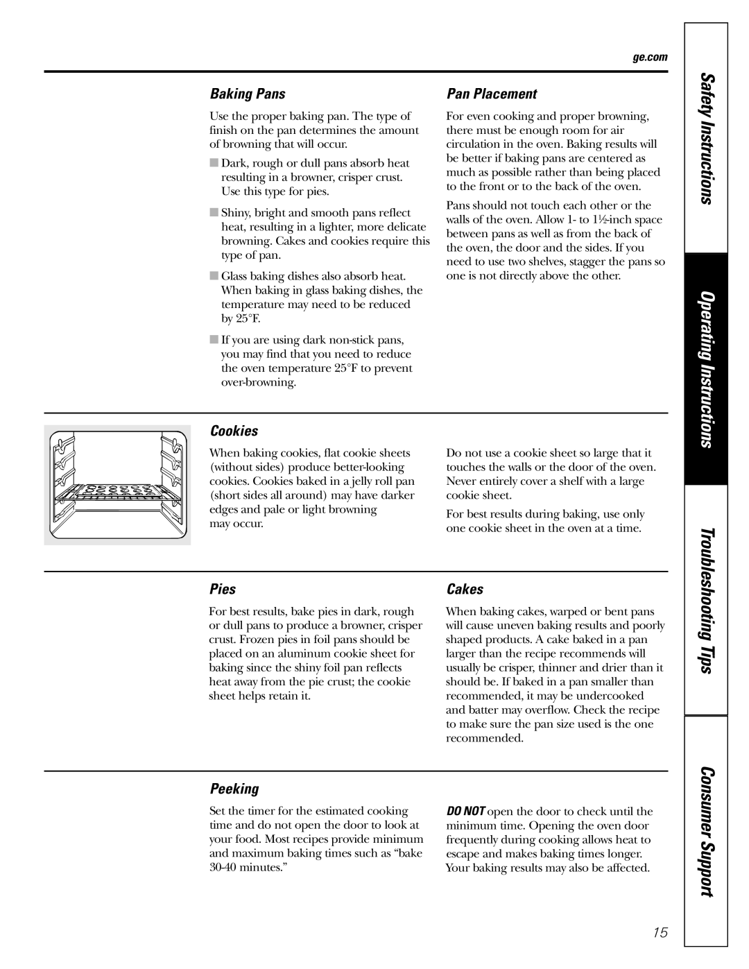 GE JGRP20 owner manual Baking Pans, Cookies, Pies, Cakes, Peeking 