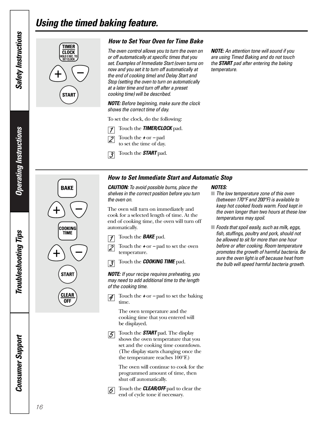 GE JGRP20 owner manual Using the timed baking feature, How to Set Immediate Start and Automatic Stop 