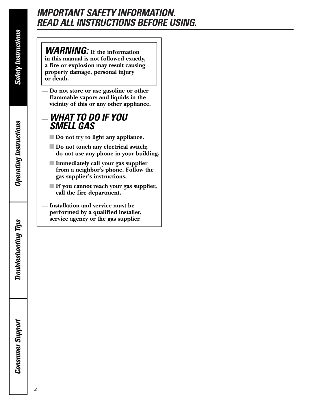 GE JGRP20 owner manual What to do if YOU Smell GAS 