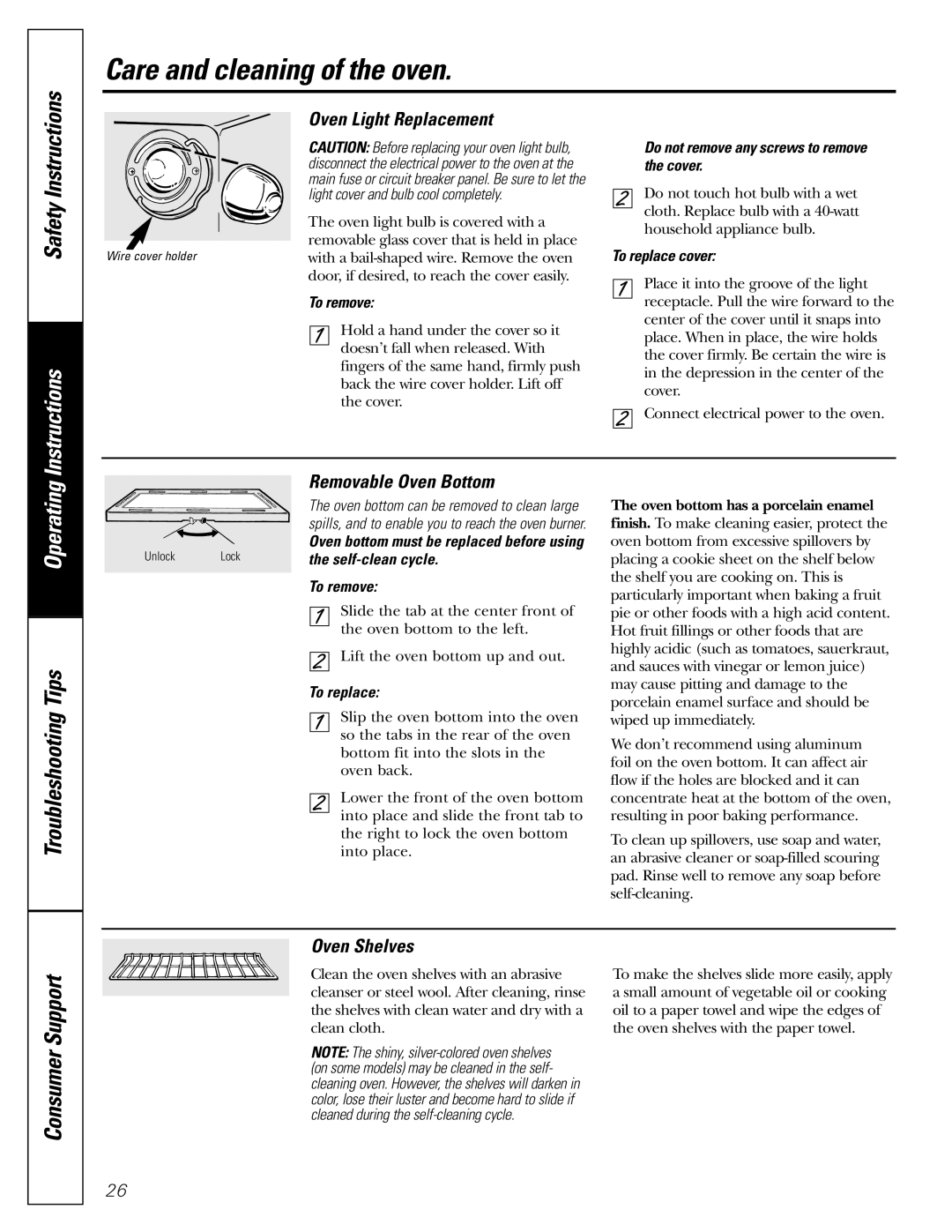 GE JGRP20 Oven Light Replacement, Removable Oven Bottom, Do not remove any screws to remove the cover, To replace cover 