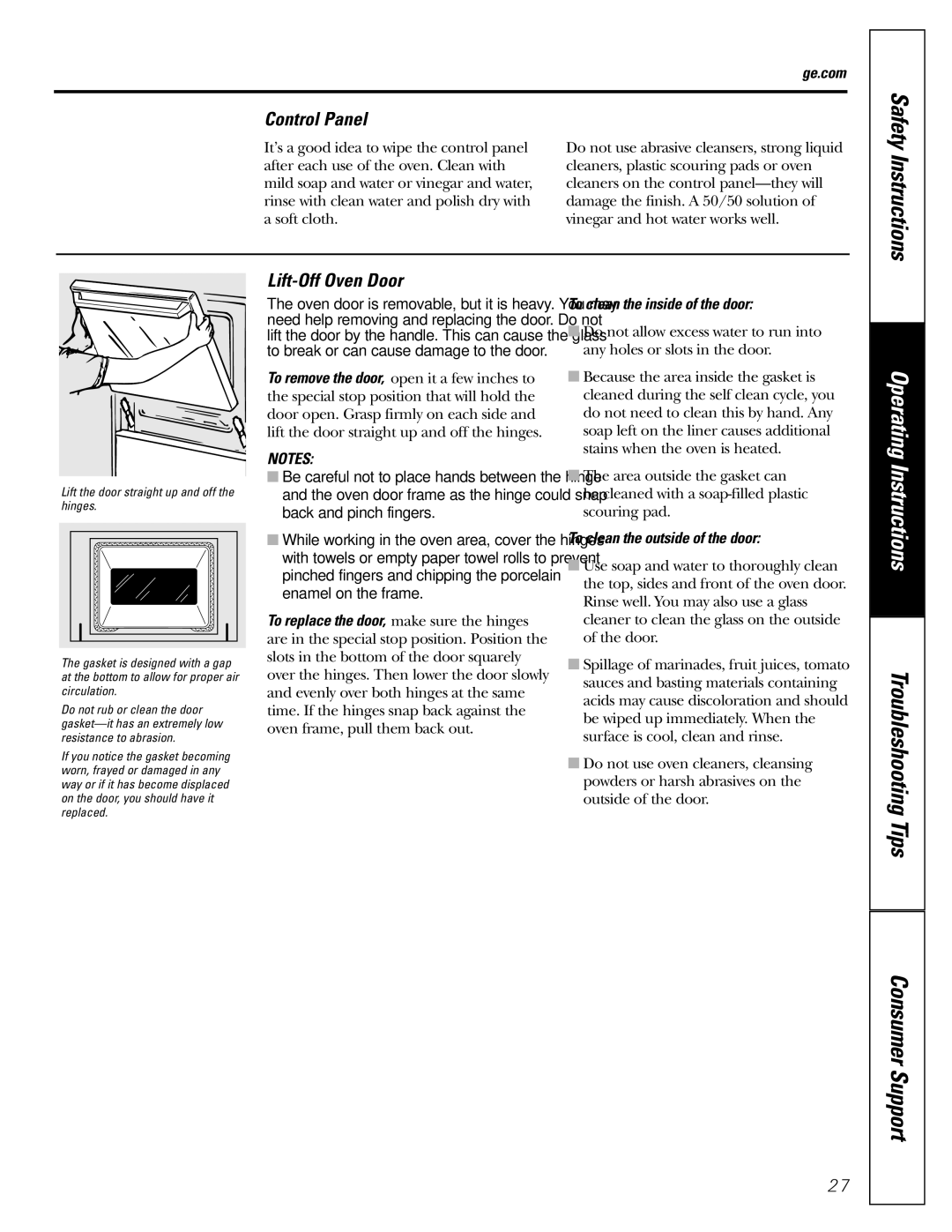 GE JGRP20 owner manual Control Panel, Lift-Off Oven Door, To clean the inside of the door, To clean the outside of the door 