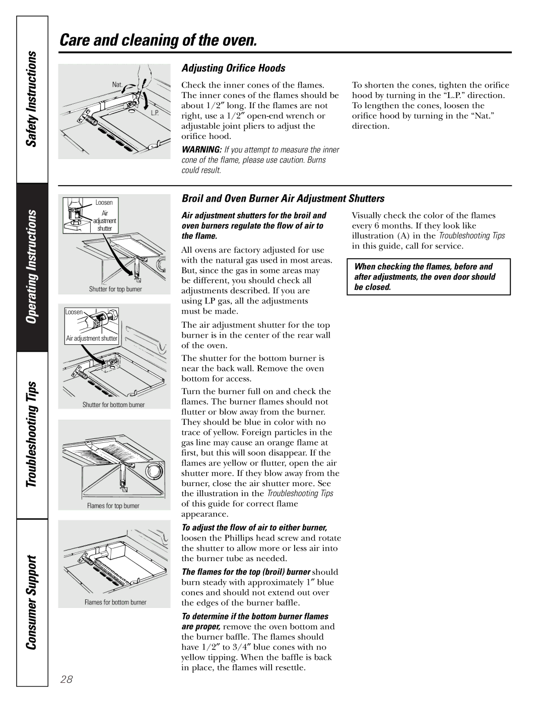 GE JGRP20 owner manual Adjusting Orifice Hoods, Broil and Oven Burner Air Adjustment Shutters 