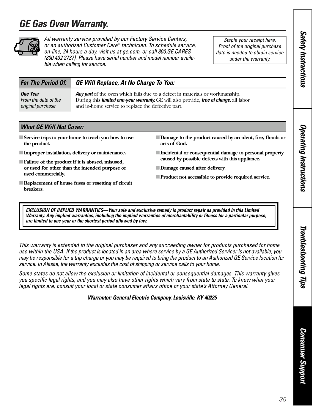 GE JGRP20 owner manual GE Gas Oven Warranty, GE Will Replace, At No Charge To You, What GE Will Not Cover, One Year 