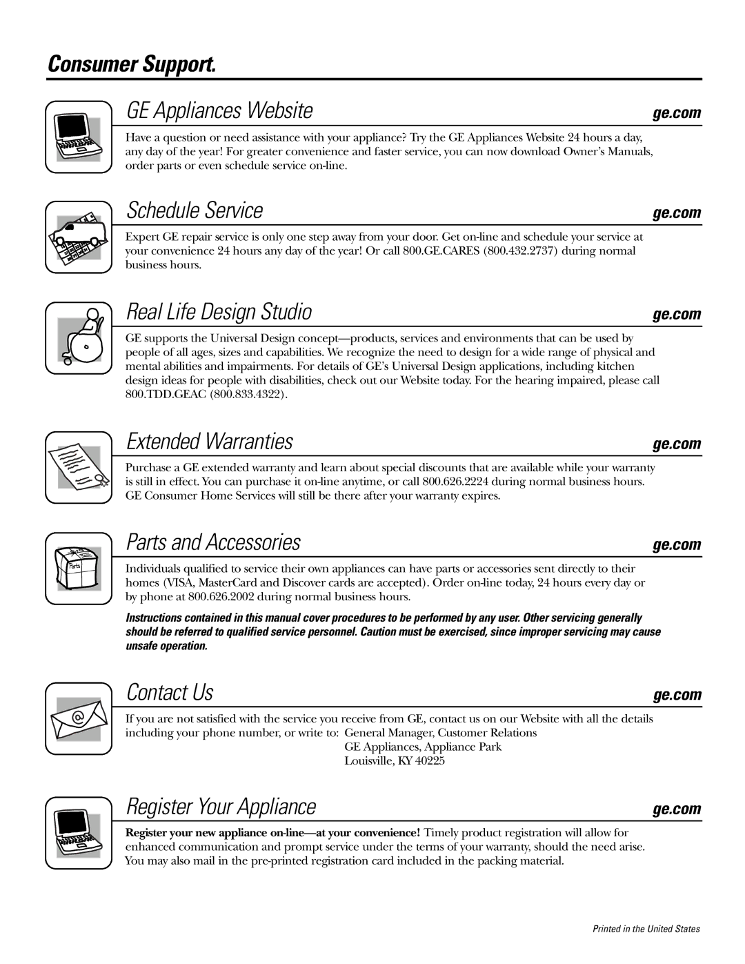 GE JGRP20 Consumer Support GE Appliances Website, Schedule Service, Real Life Design Studio, Extended Warranties 