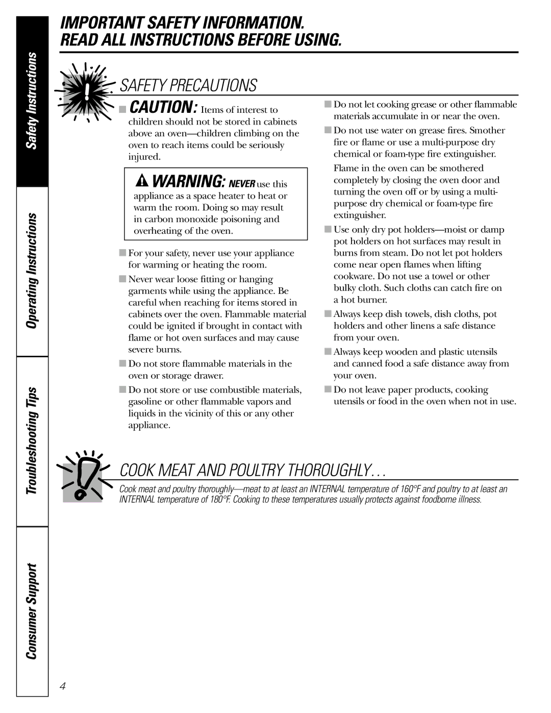 GE JGRP20 owner manual Cook Meat and Poultry THOROUGHLY… 