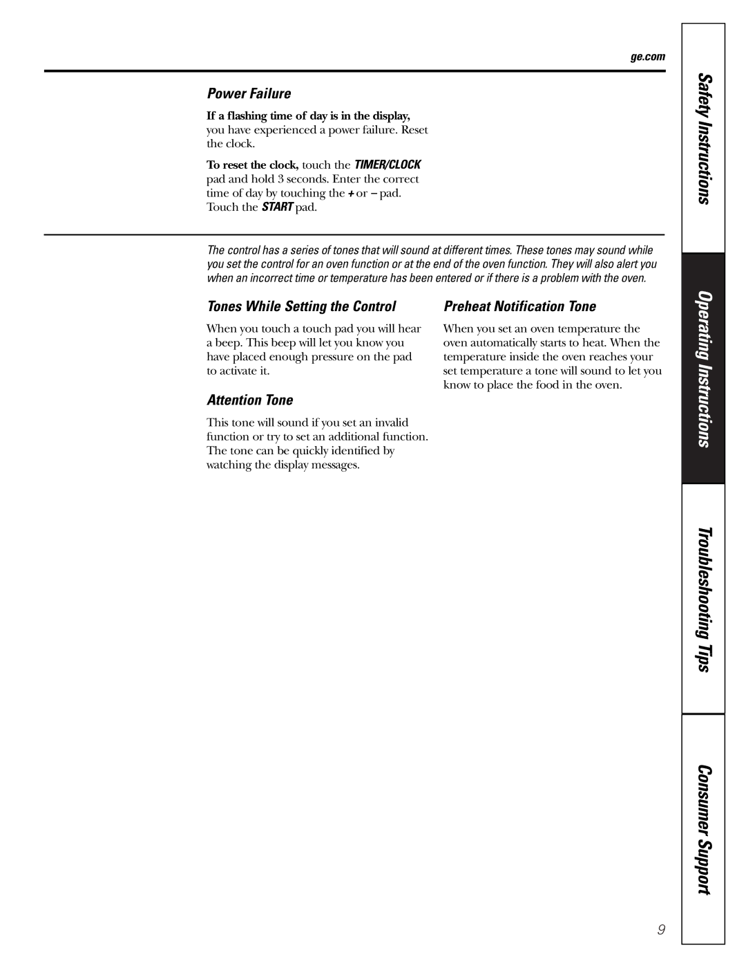 GE JGRP20 owner manual Power Failure, Tones While Setting the Control Preheat Notification Tone 