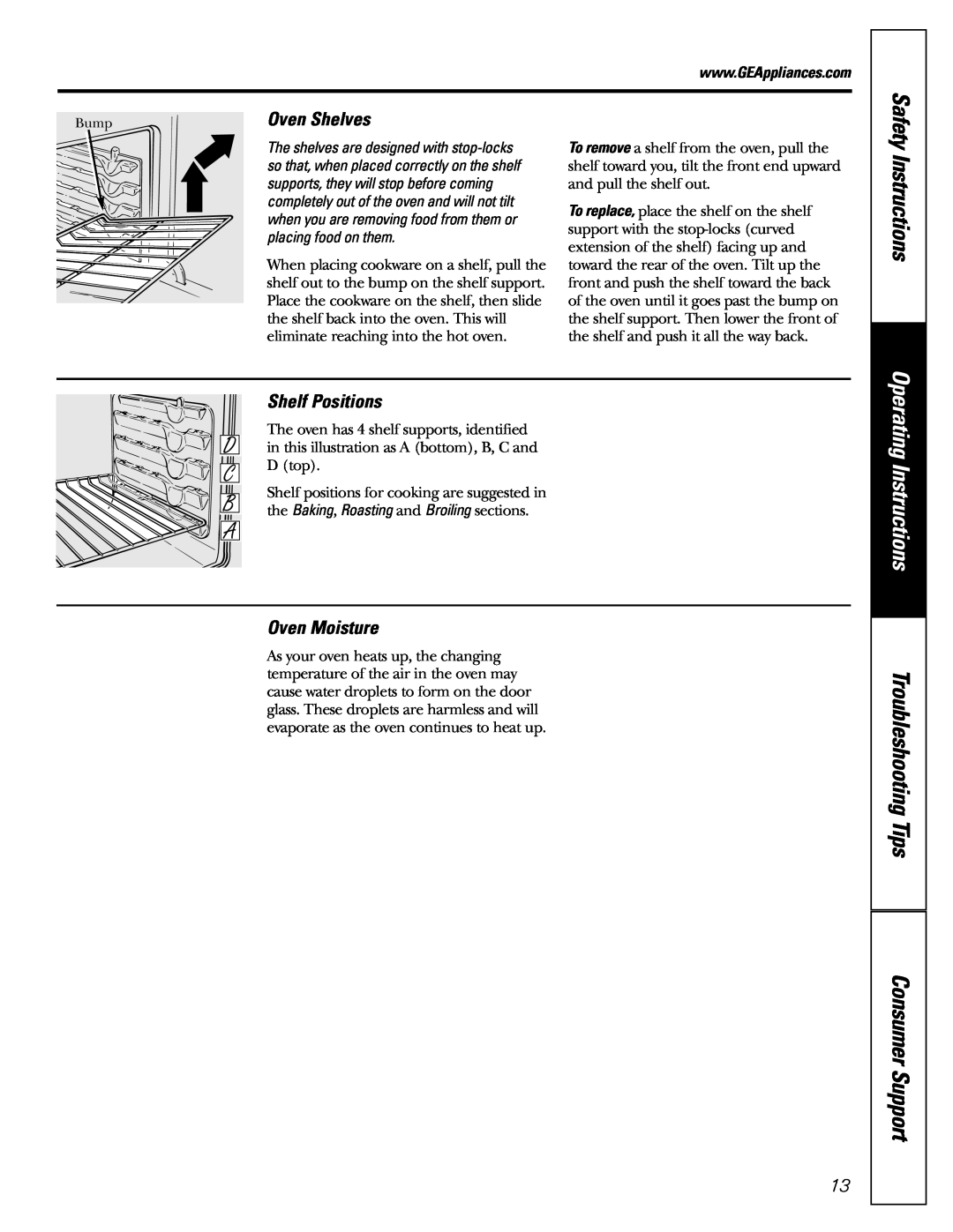 GE JGRP20 owner manual Shelf Positions, Oven Moisture, Safety Instructions, Operating Instructions 