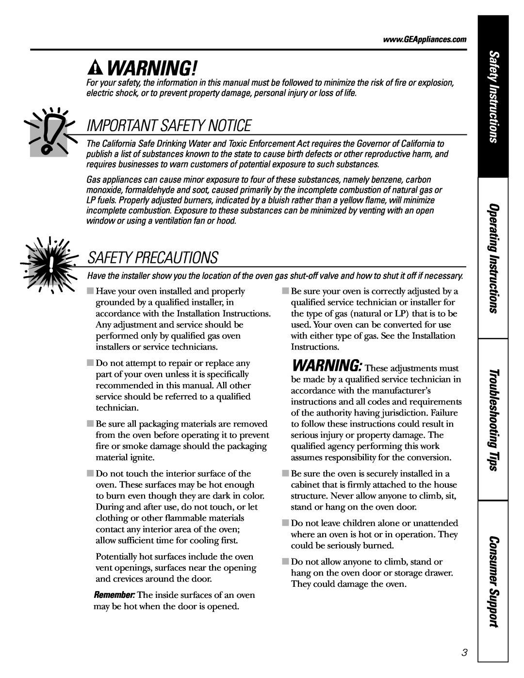 GE JGRP20 Important Safety Notice, Safety Precautions, Troubleshooting Tips, Consumer Support, Safety Instructions 