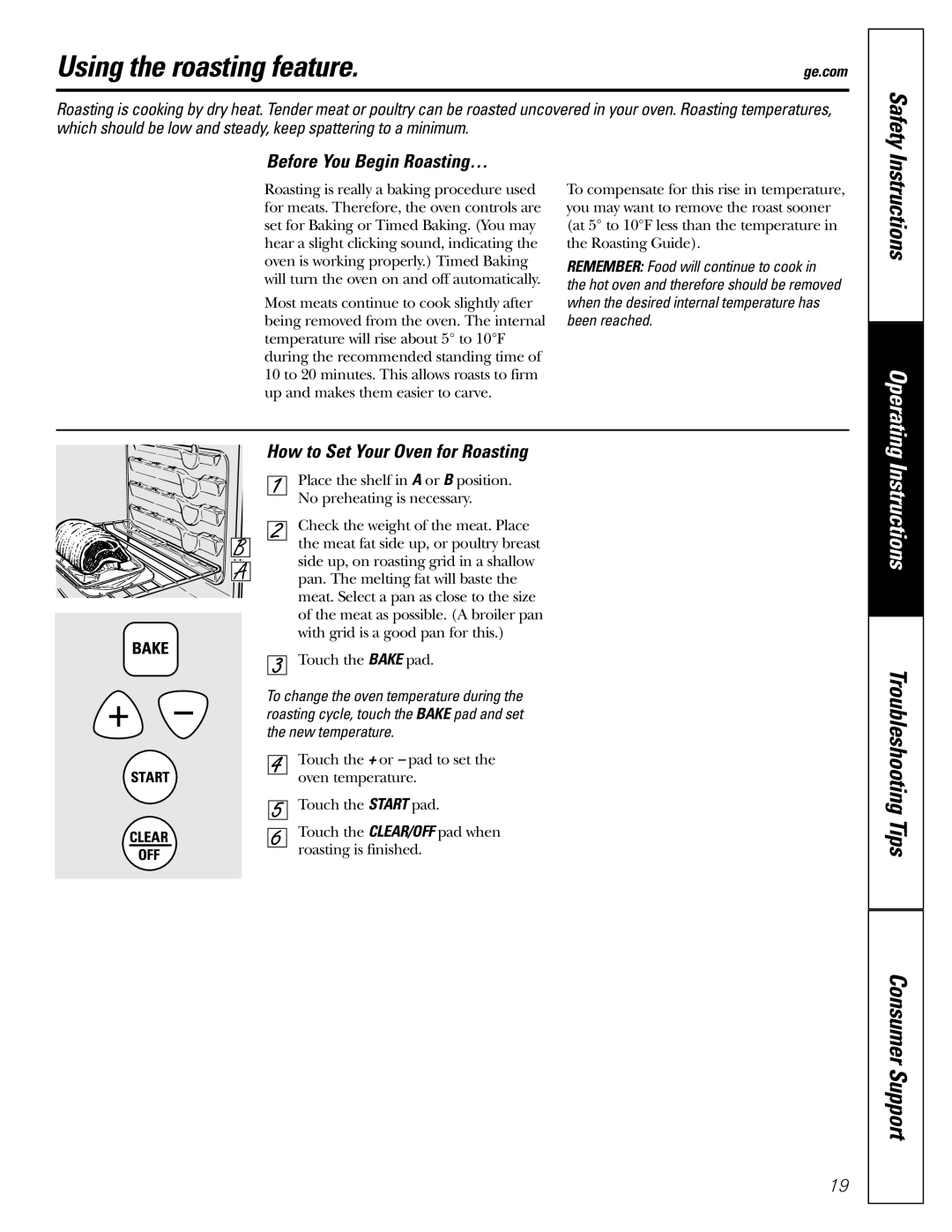 GE JGRP20 Using the roasting feature, Safety, Before You Begin Roasting…, How to Set Your Oven for Roasting, Instructions 