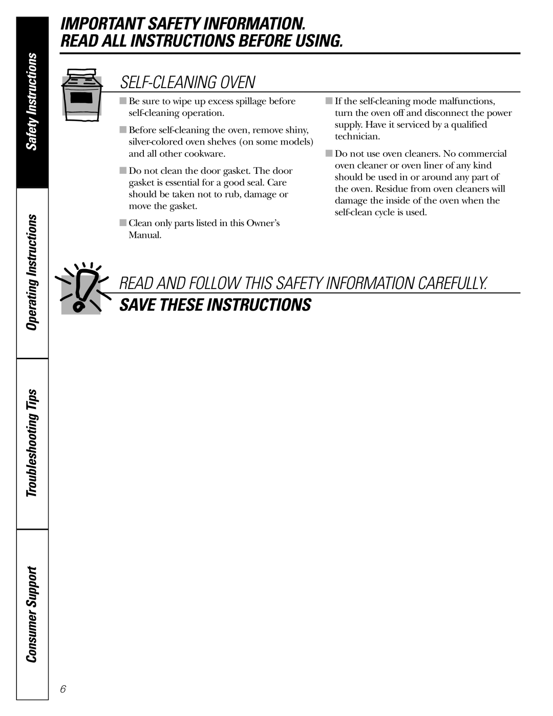GE JGRP20 owner manual Self-Cleaningoven, Save These Instructions, Safety, Troubleshooting Tips Consumer Support, Operating 