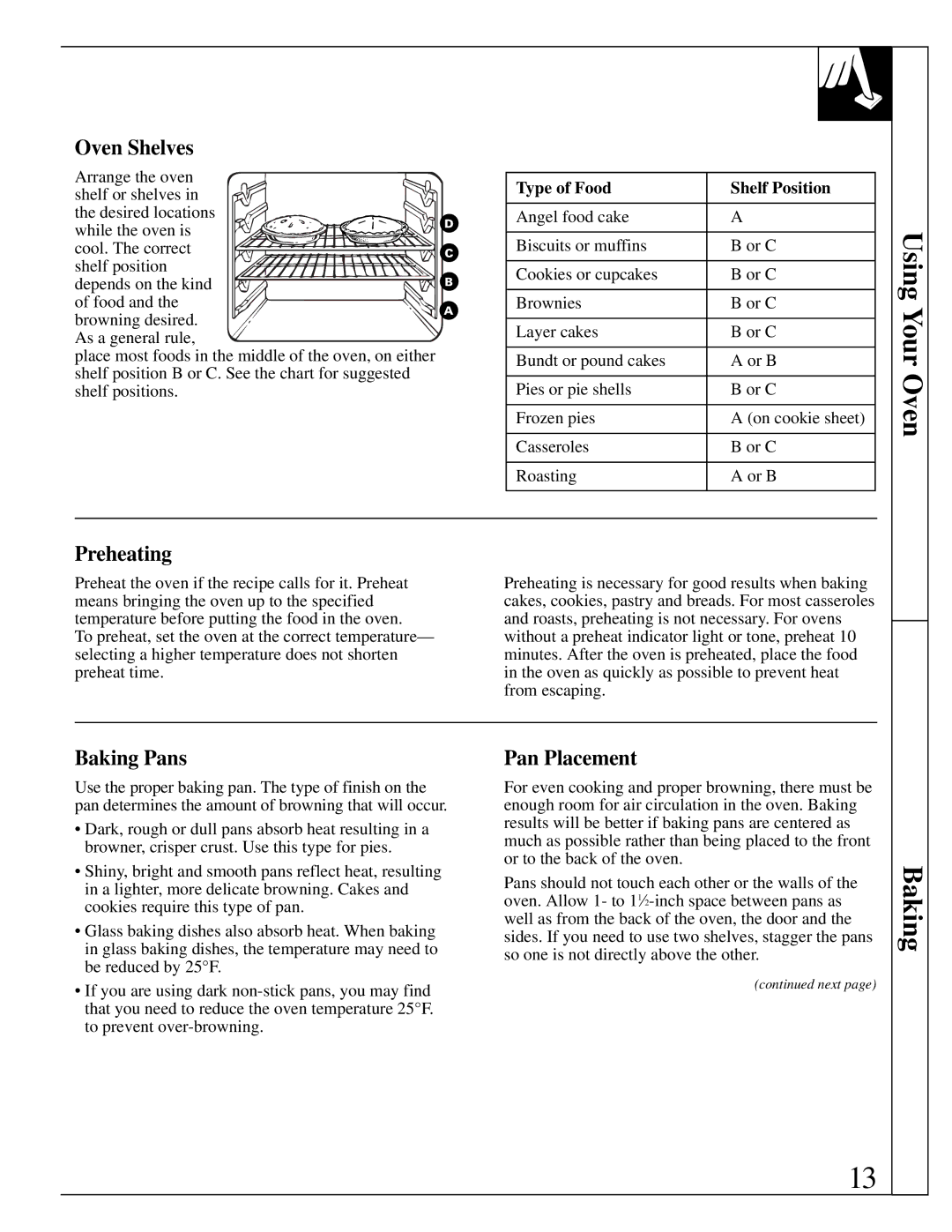 GE JGRS14 warranty Preheating, Baking Pans, Pan Placement, Type of Food Shelf Position 