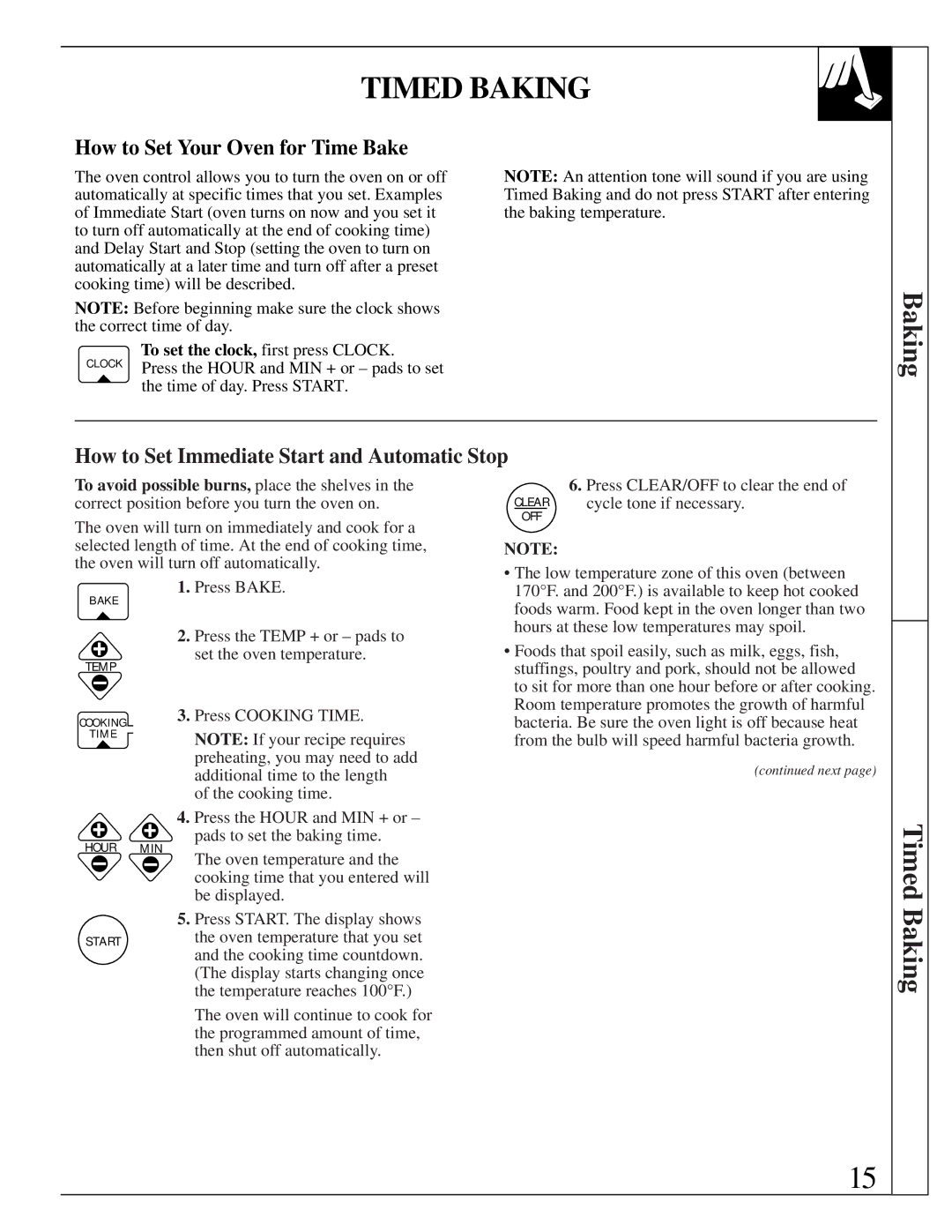 GE JGRS14 warranty Timed Baking, How to Set Your Oven for Time Bake, How to Set Immediate Start and Automatic Stop 