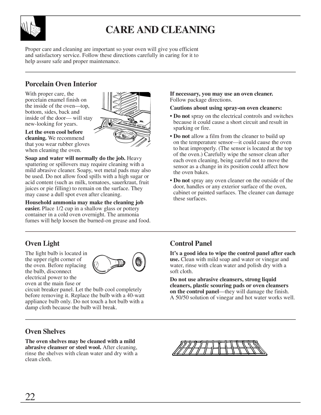 GE JGRS14 warranty Care and Cleaning, Porcelain Oven Interior, Oven Light, Control Panel 