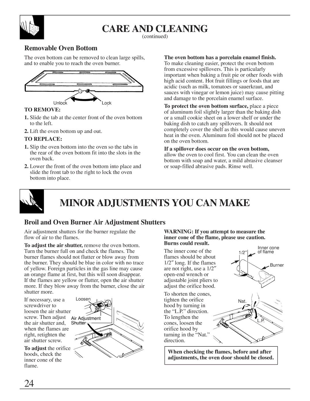 GE JGRS14 warranty Minor Adjustments YOU can Make, Removable Oven Bottom, Broil and Oven Burner Air Adjustment Shutters 