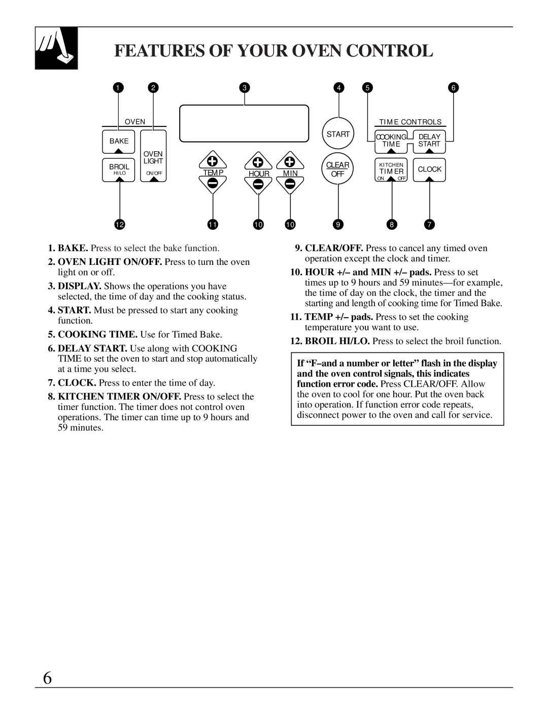 GE JGRS14 warranty Features of Your Oven Control, Oven Light ON/OFF. Press to turn the oven light on or off 