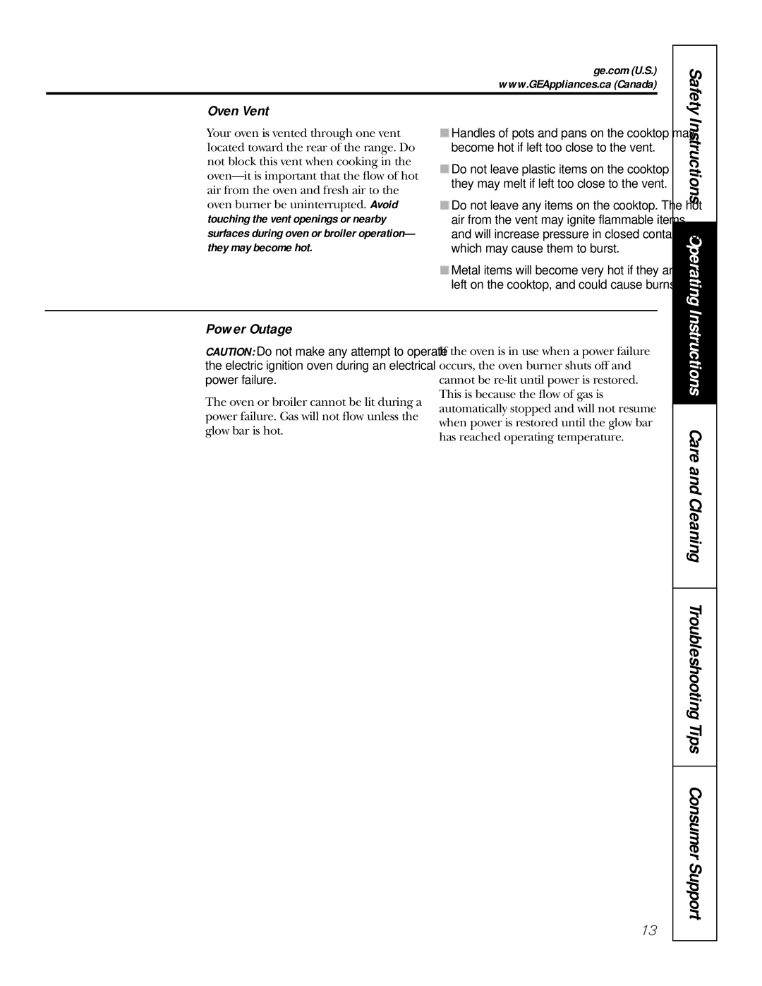 GE JGS905 owner manual Oven Vent, Power Outage 