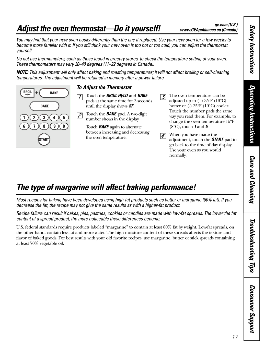 GE JGS905 owner manual Type of margarine will affect baking performance, Cleaning Troubleshooting Tips Consumer Support 