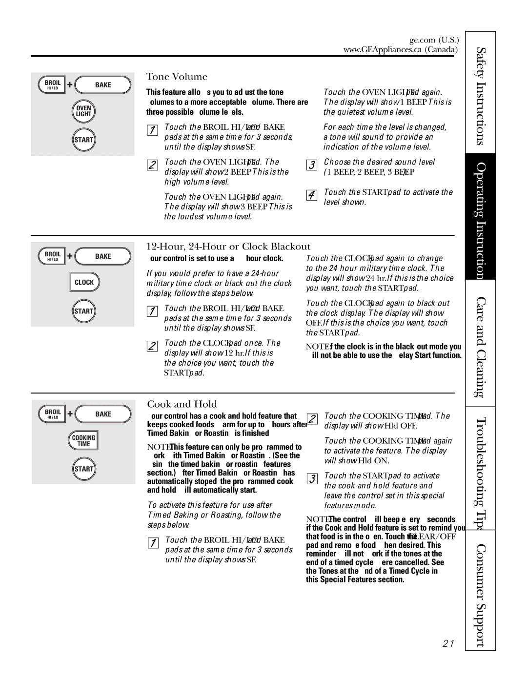 GE JGS905 owner manual Instructions Operating, Troubleshooting Tips Consumer Support, Tone Volume, Cook and Hold, Start pad 