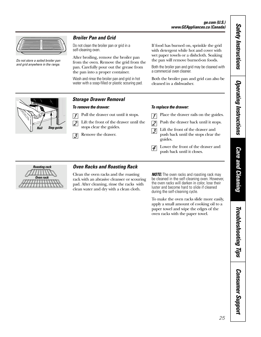 GE JGS905 owner manual Instructions Operating, Broiler Pan and Grid, Storage Drawer Removal, Oven Racks and Roasting Rack 