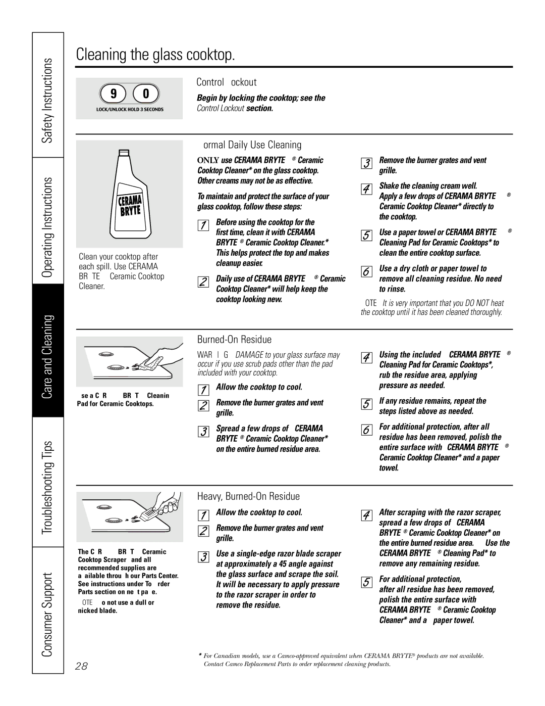 GE JGS905 owner manual Cleaning the glass cooktop, Tips Care, Cleaning Operating Instructions 