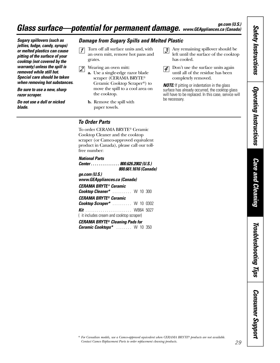 GE JGS905 owner manual Damage from Sugary Spills and Melted Plastic, To Order Parts, Cerama Bryte Ceramic 