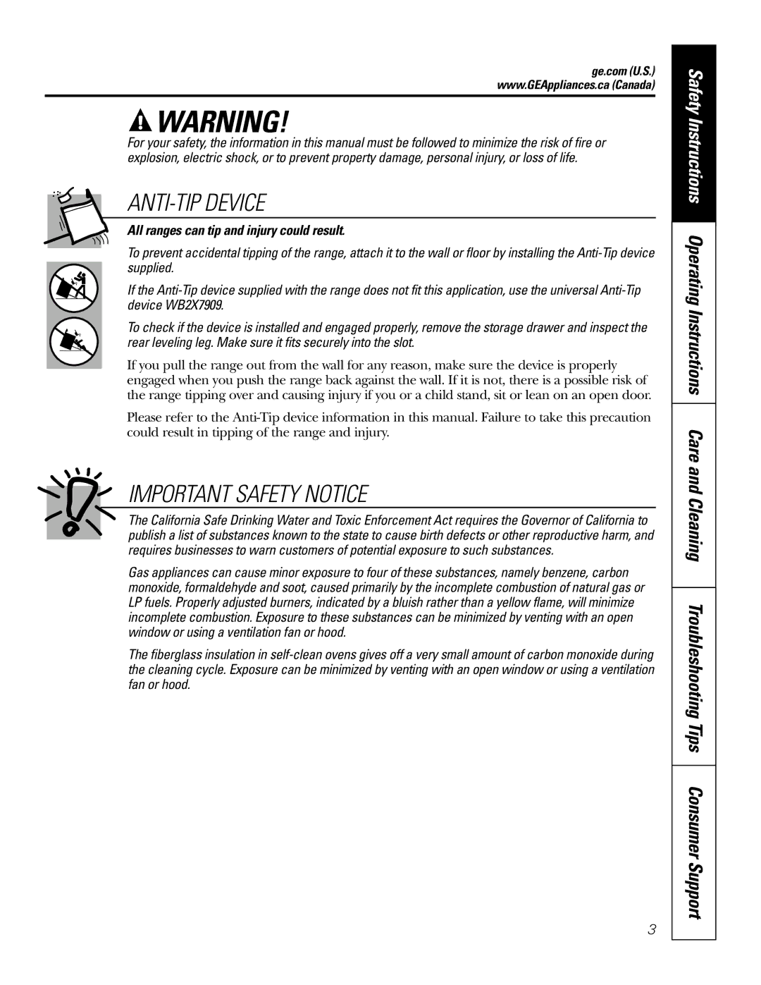 GE JGS905 owner manual Important Safety Notice, All ranges can tip and injury could result 