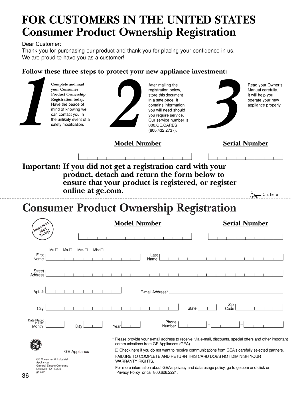 GE JGS905 owner manual Consumer Product Ownership Registration 