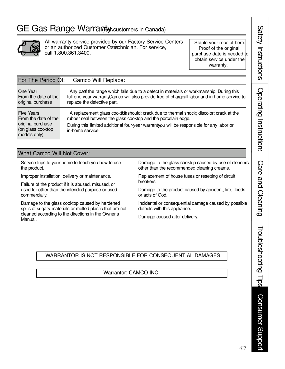 GE JGS905 Tips Consumer Support, Safety Instructions Operating Instructions, Camco Will Replace, What Camco Will Not Cover 