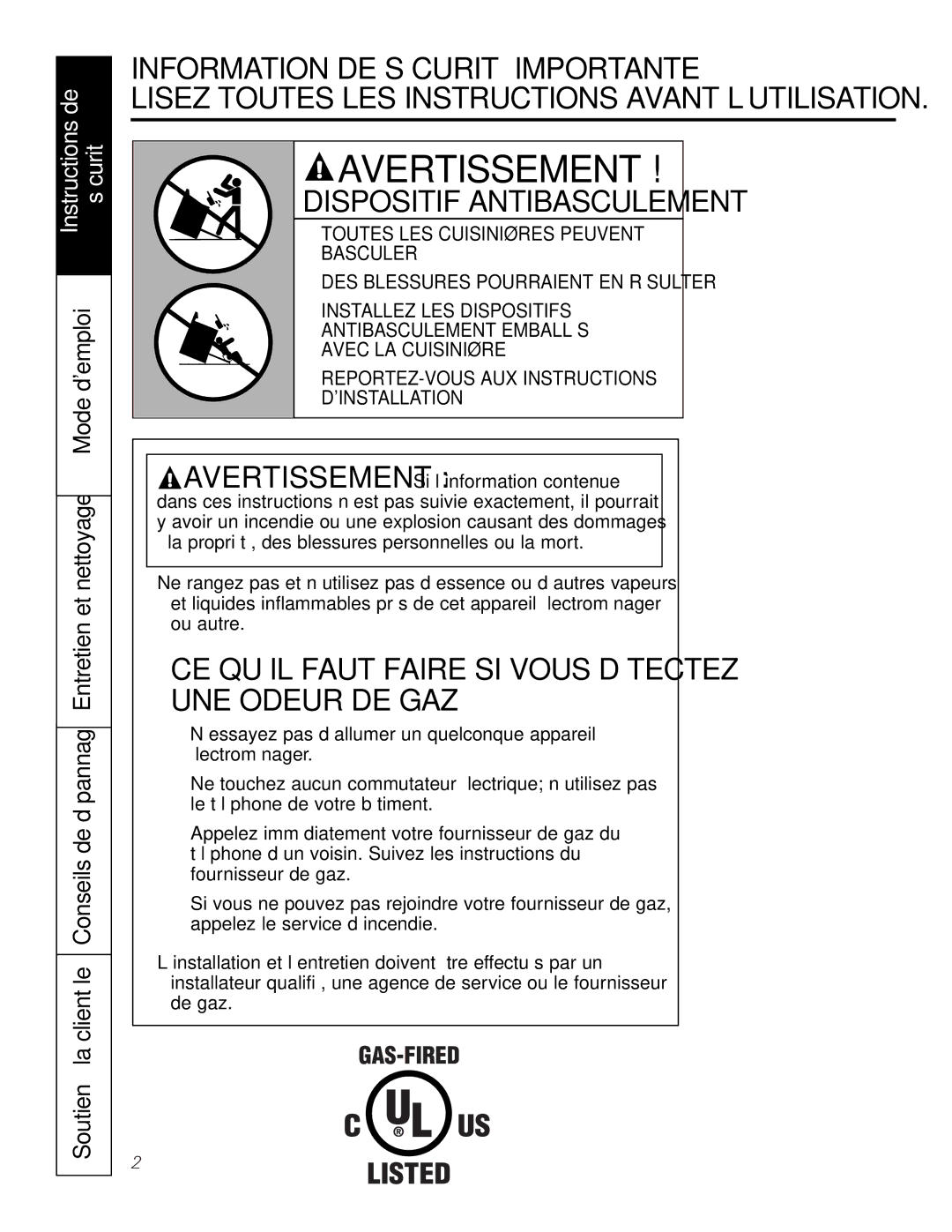 GE JGS905 owner manual Dispositif Antibasculement, Instructions de Sécurité 