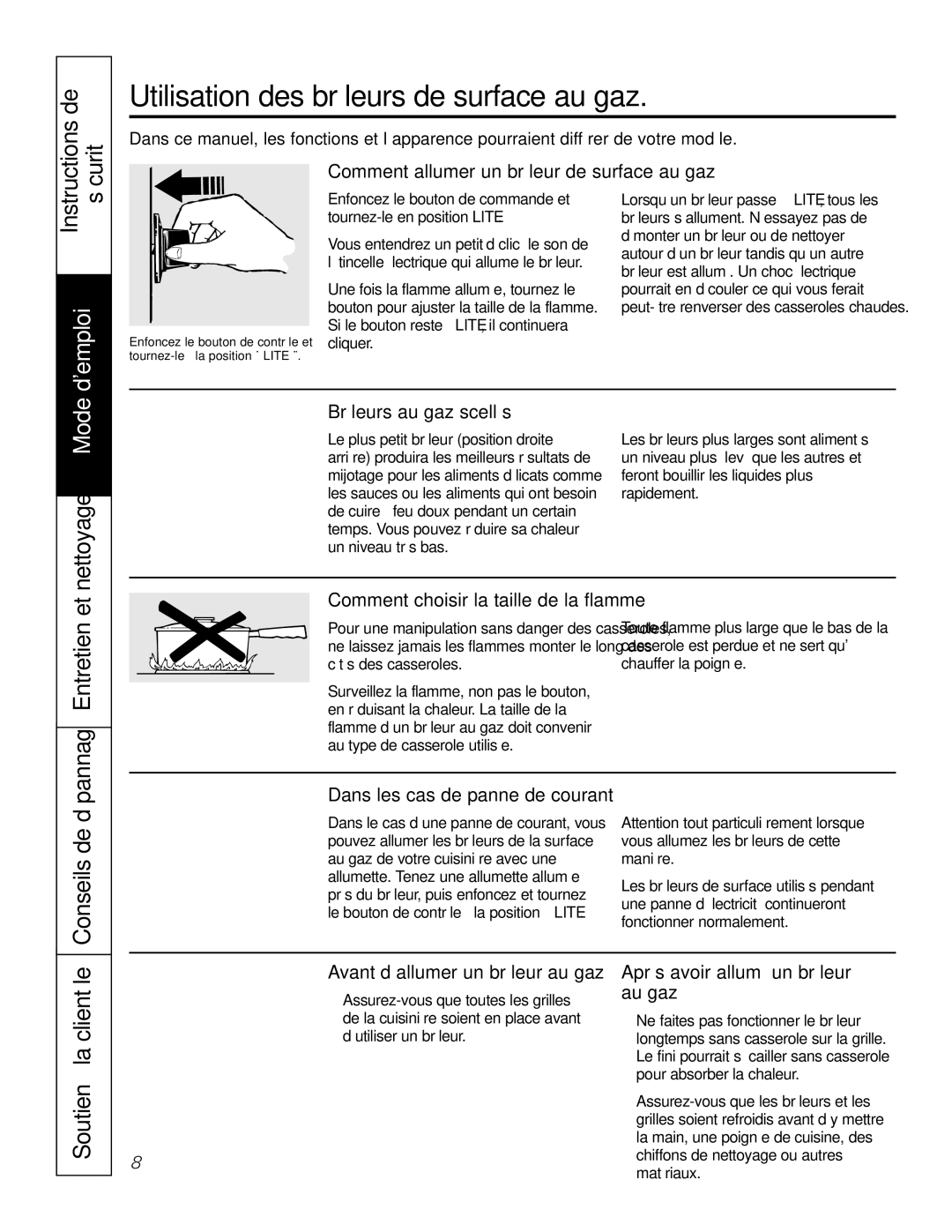 GE JGS905 Utilisation des brûleurs de surface au gaz, Dépannage Entretien et nettoyage Mode demploi, Conseils de 