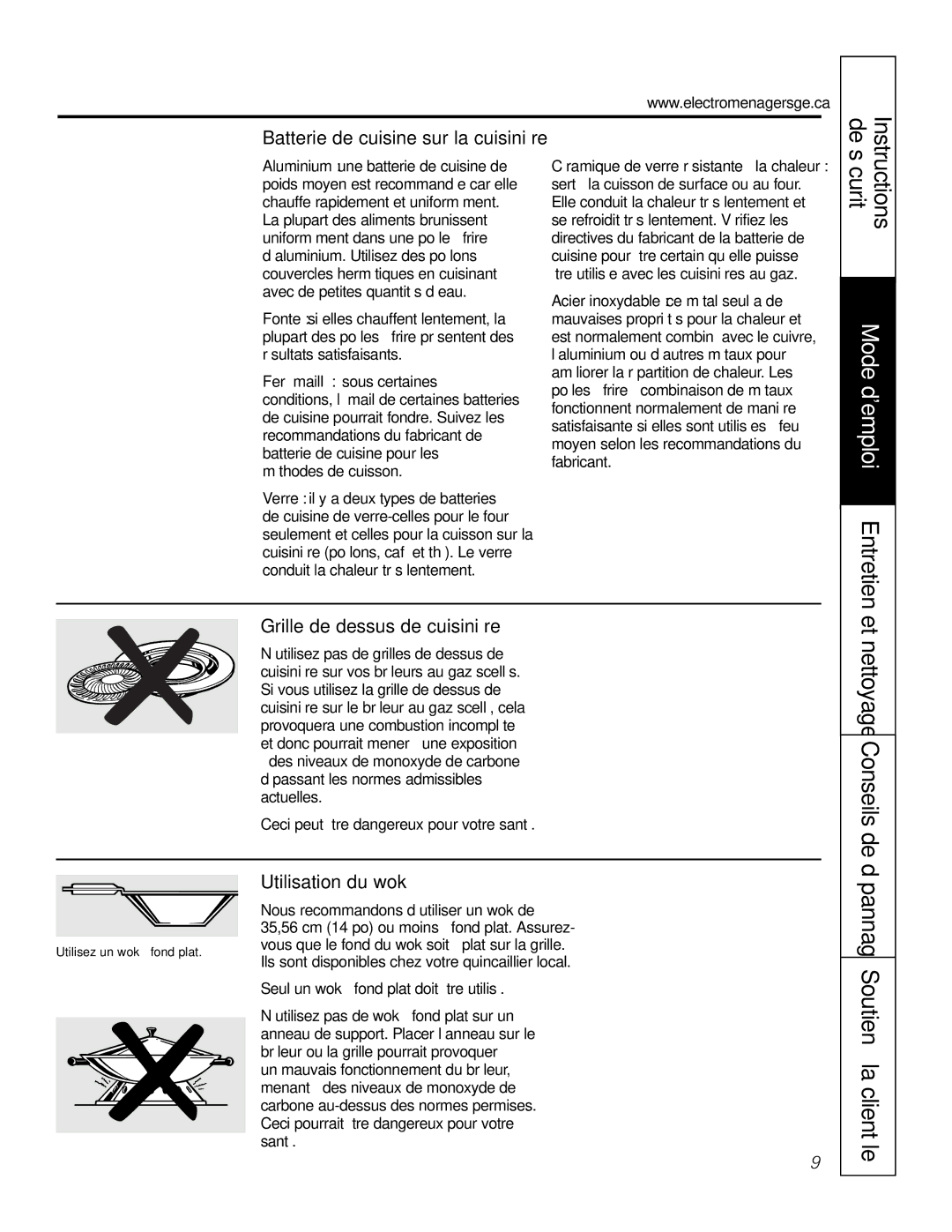 GE JGS905 owner manual Batterie de cuisine sur la cuisinière, Grille de dessus de cuisinière, Utilisation du wok 