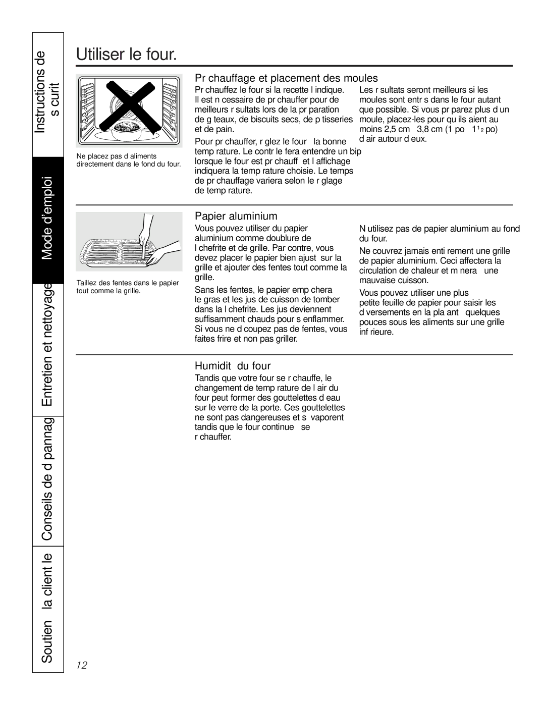 GE JGS905 owner manual Préchauffage et placement des moules, Papier aluminium, Humidité du four, De température 