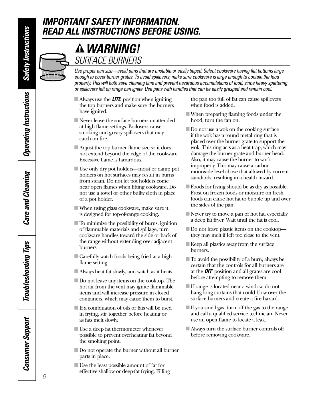 GE JGS905 owner manual Surface Burners, Safety Instructions 