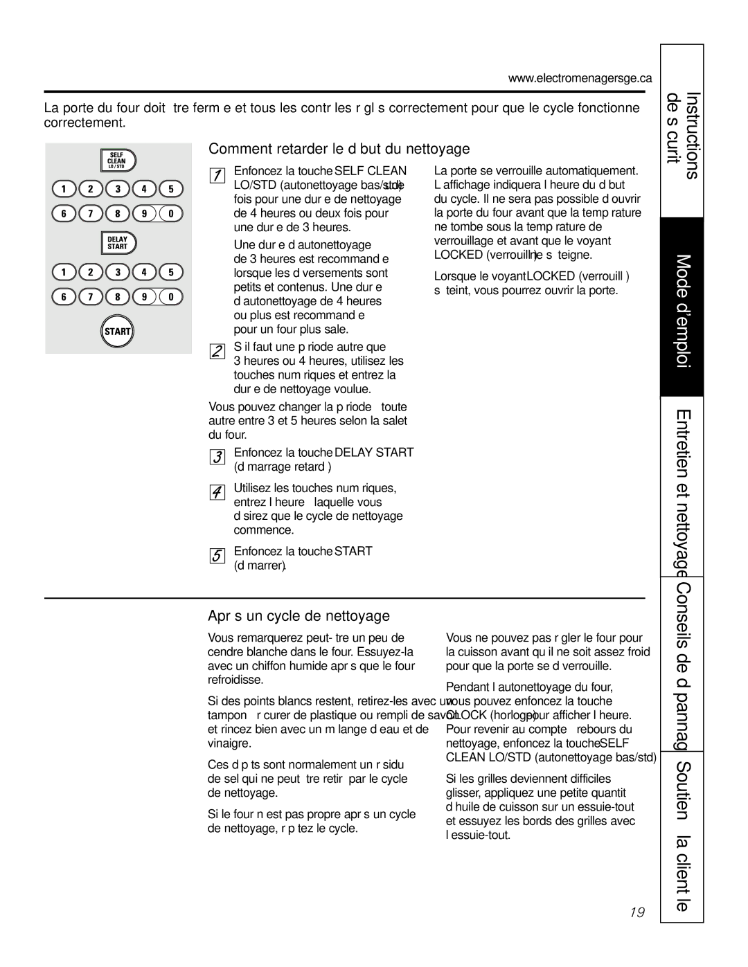 GE JGS905 owner manual Comment retarder le début du nettoyage, Après un cycle de nettoyage 