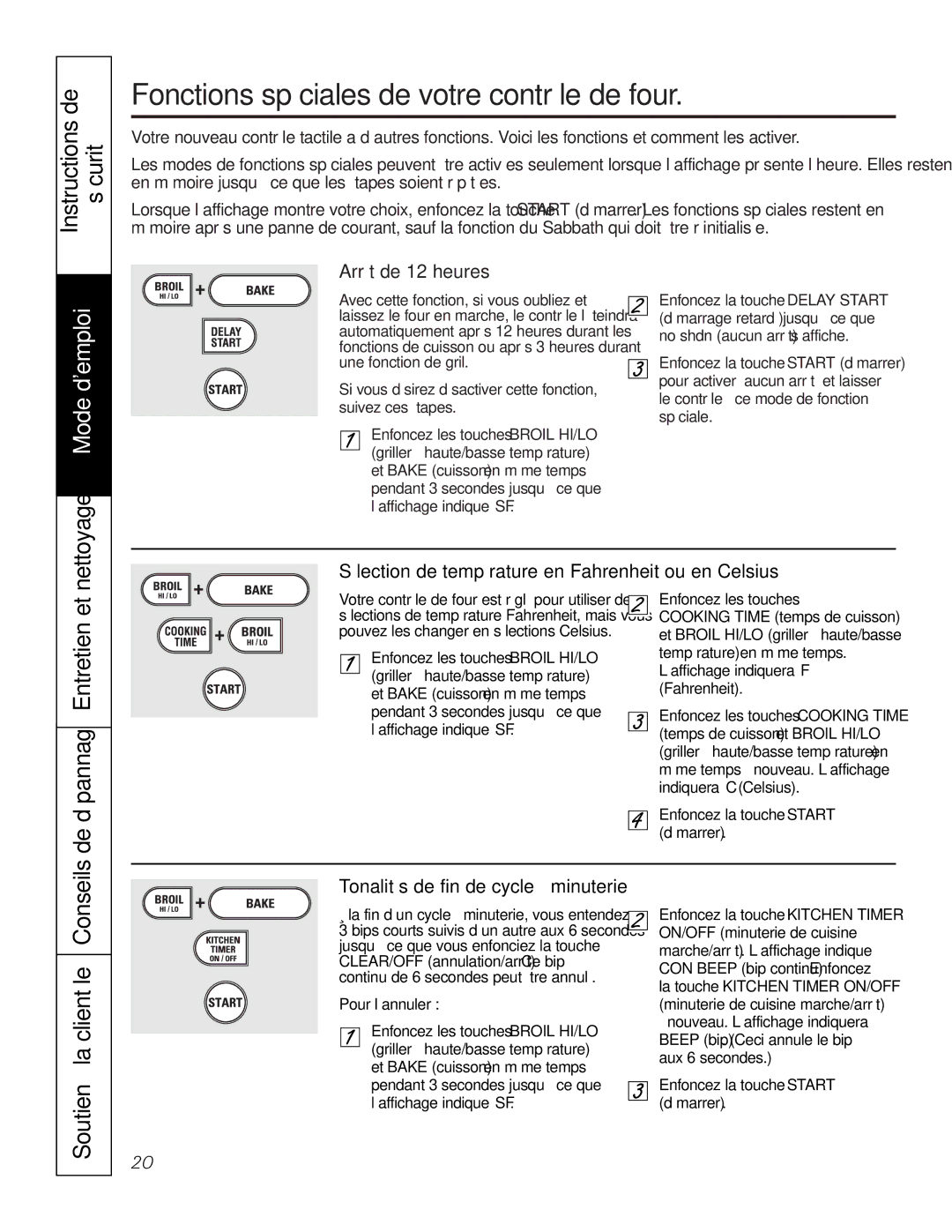 GE JGS905 owner manual Fonctions spéciales de votre contrôle de four, Nettoyage Mode demploi, De dépannage Entretien et 