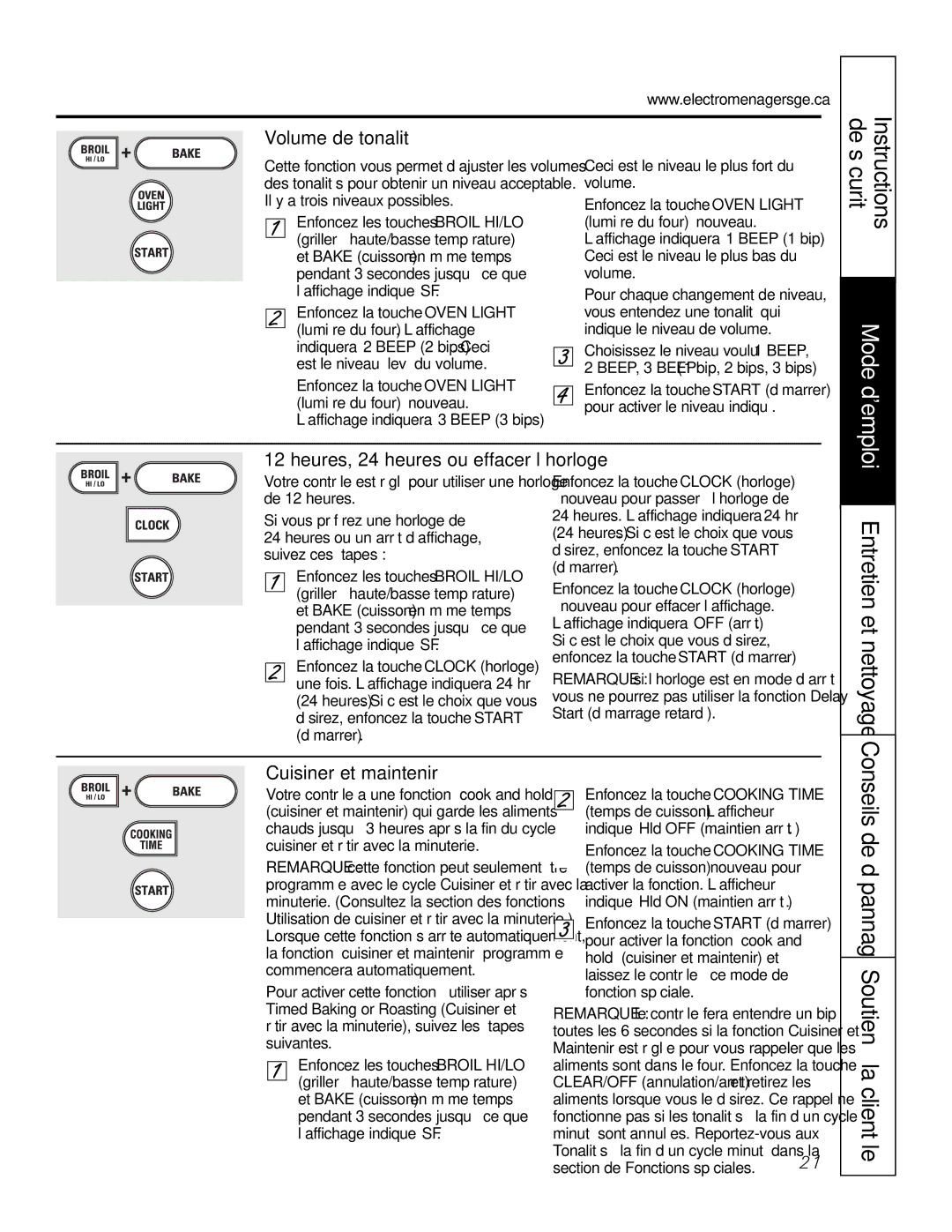 GE JGS905 owner manual De sécurité Instructions, Conseils de dépannage Soutien à la clientèle, Volume de tonalité 