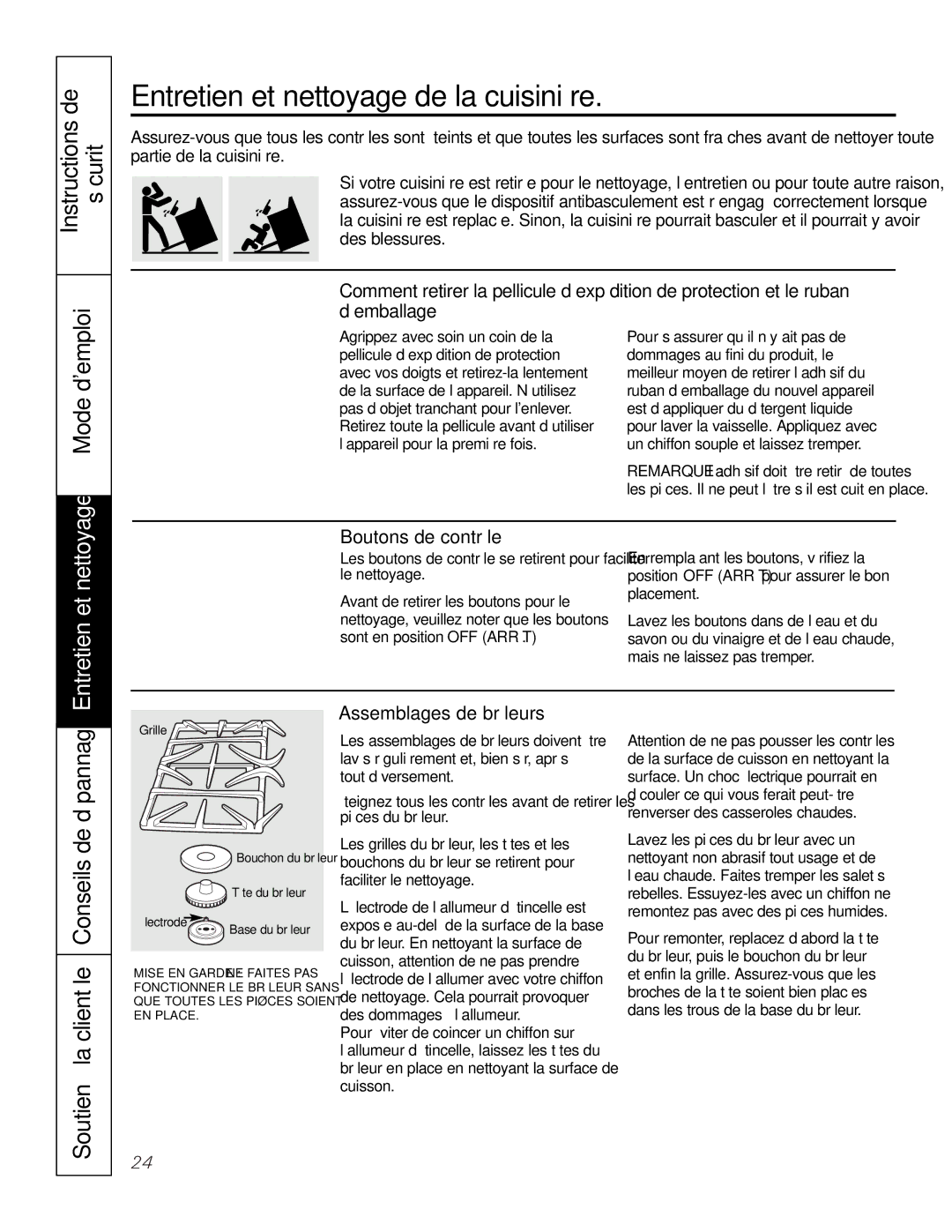 GE JGS905 owner manual Entretien et nettoyage de la cuisinière, Mode demploi, Boutons de contrôle, Assemblages de brûleurs 