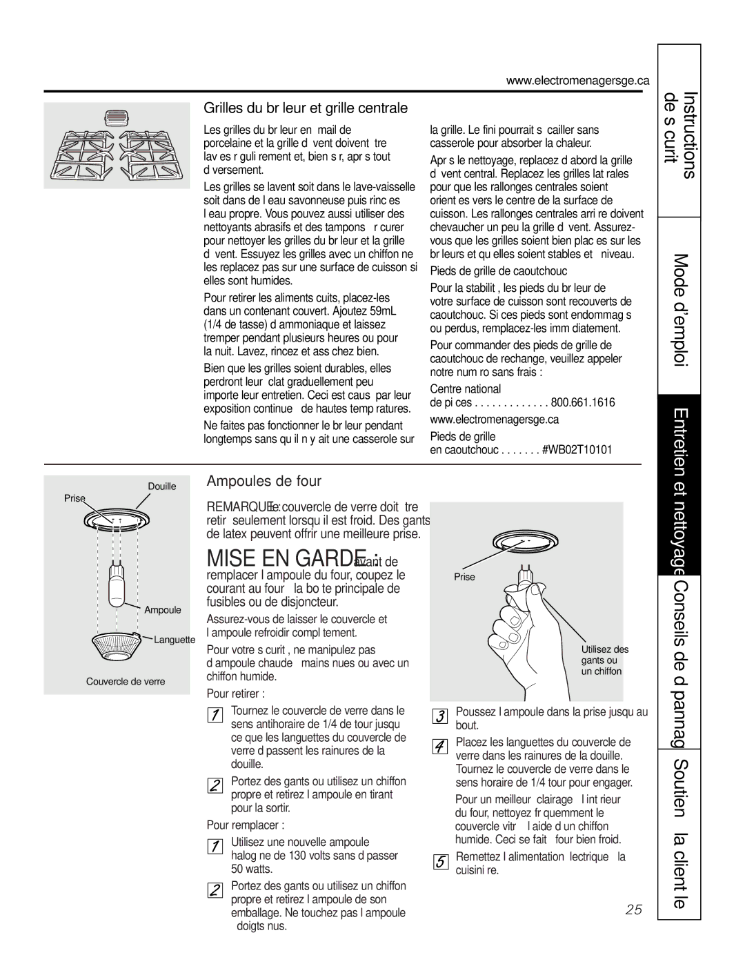 GE JGS905 owner manual Mise EN Garde avant de, Mode demploi Entretien et nettoyage Conseils de dépannage, Ampoules de four 