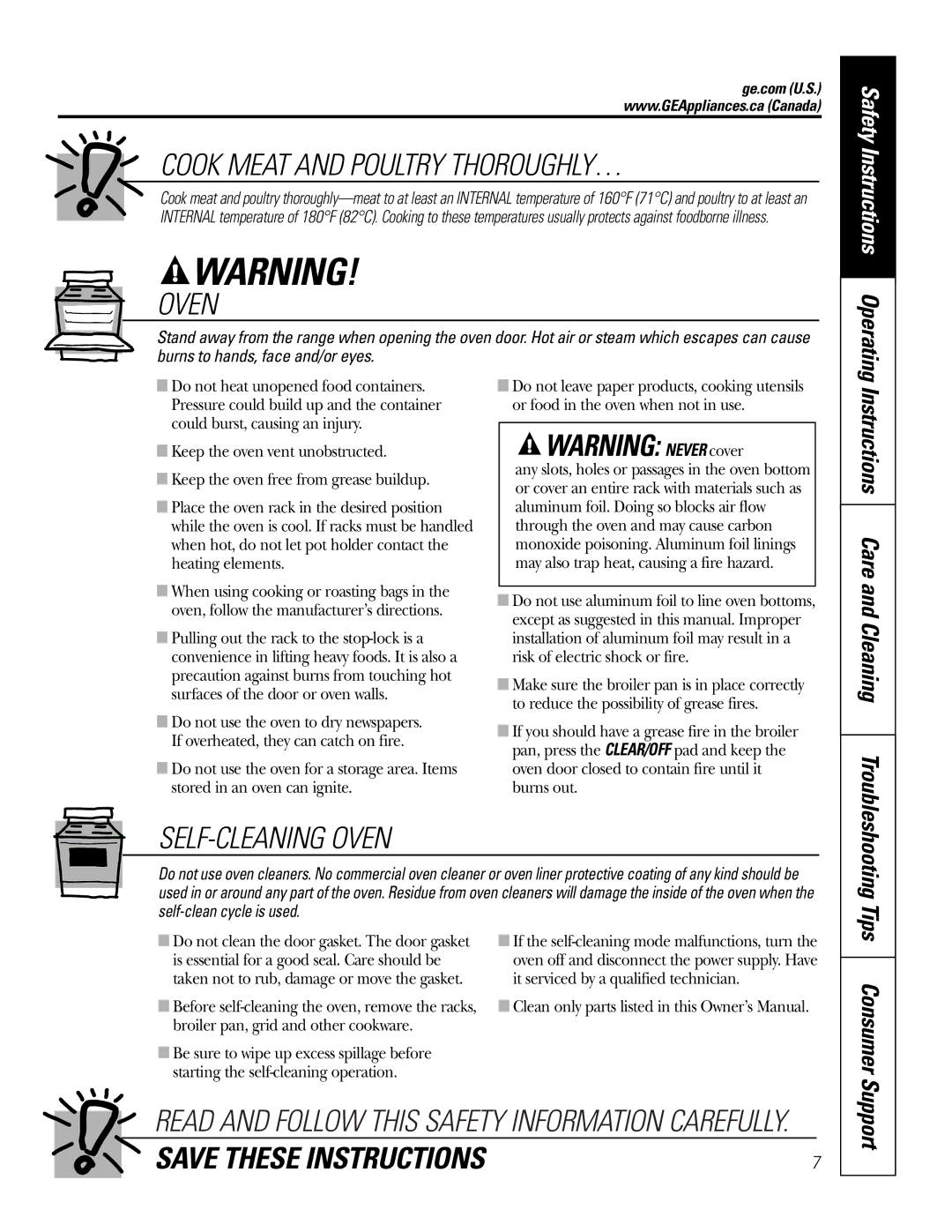 GE JGS905 owner manual Cook Meat and Poultry THOROUGHLY…, SELF-CLEANING Oven, Consumer, Support 