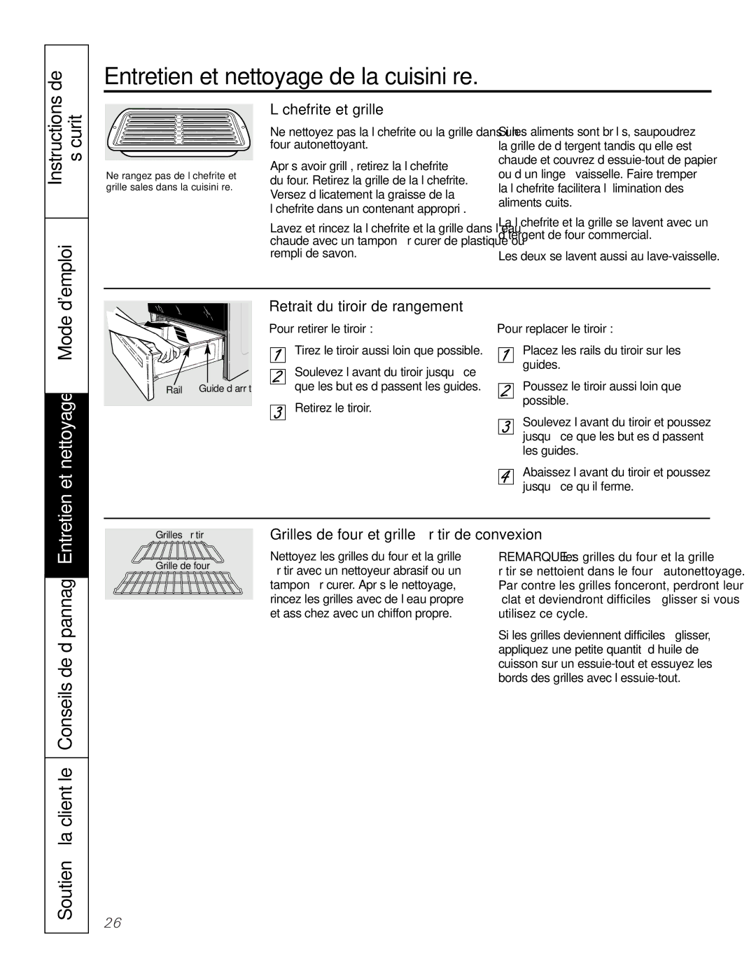 GE JGS905 owner manual Lèchefrite et grille, Retrait du tiroir de rangement, Grilles de four et grille à rôtir de convexion 