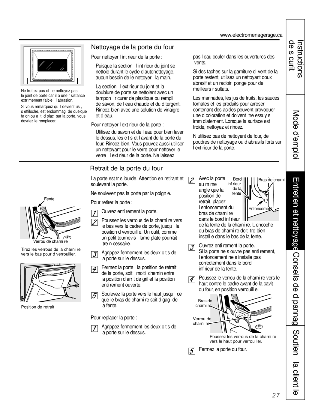 GE JGS905 owner manual De sécurité Instructions Mode demploi, Nettoyage de la porte du four, Retrait de la porte du four 