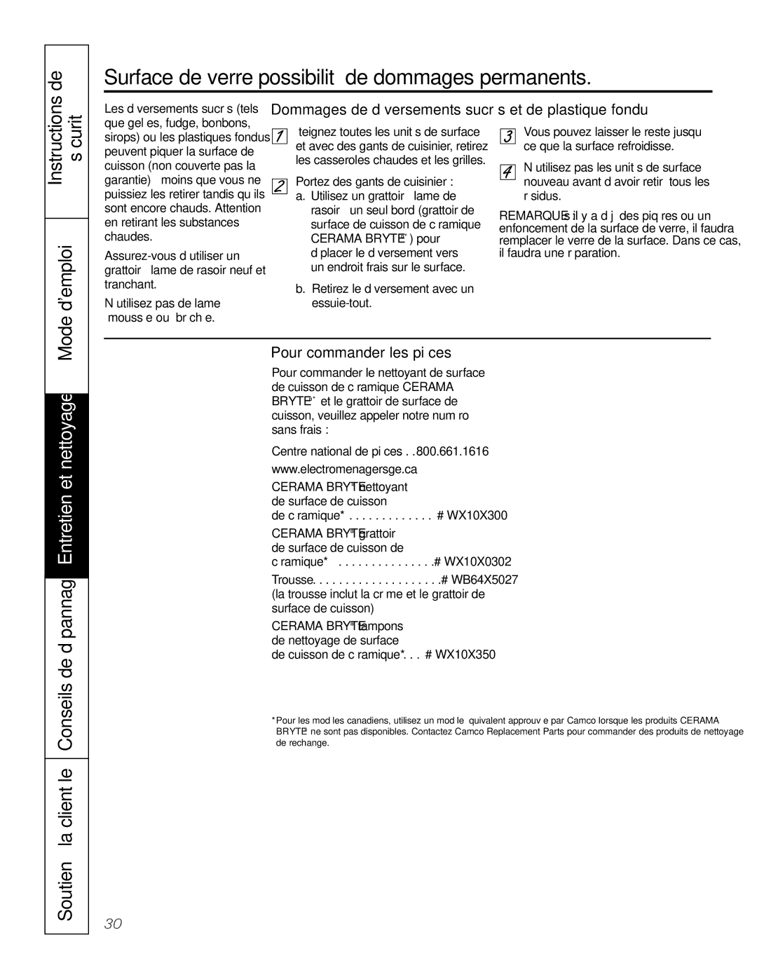 GE JGS905 owner manual Dommages de déversements sucrés et de plastique fondu, Pour commander les pièces 