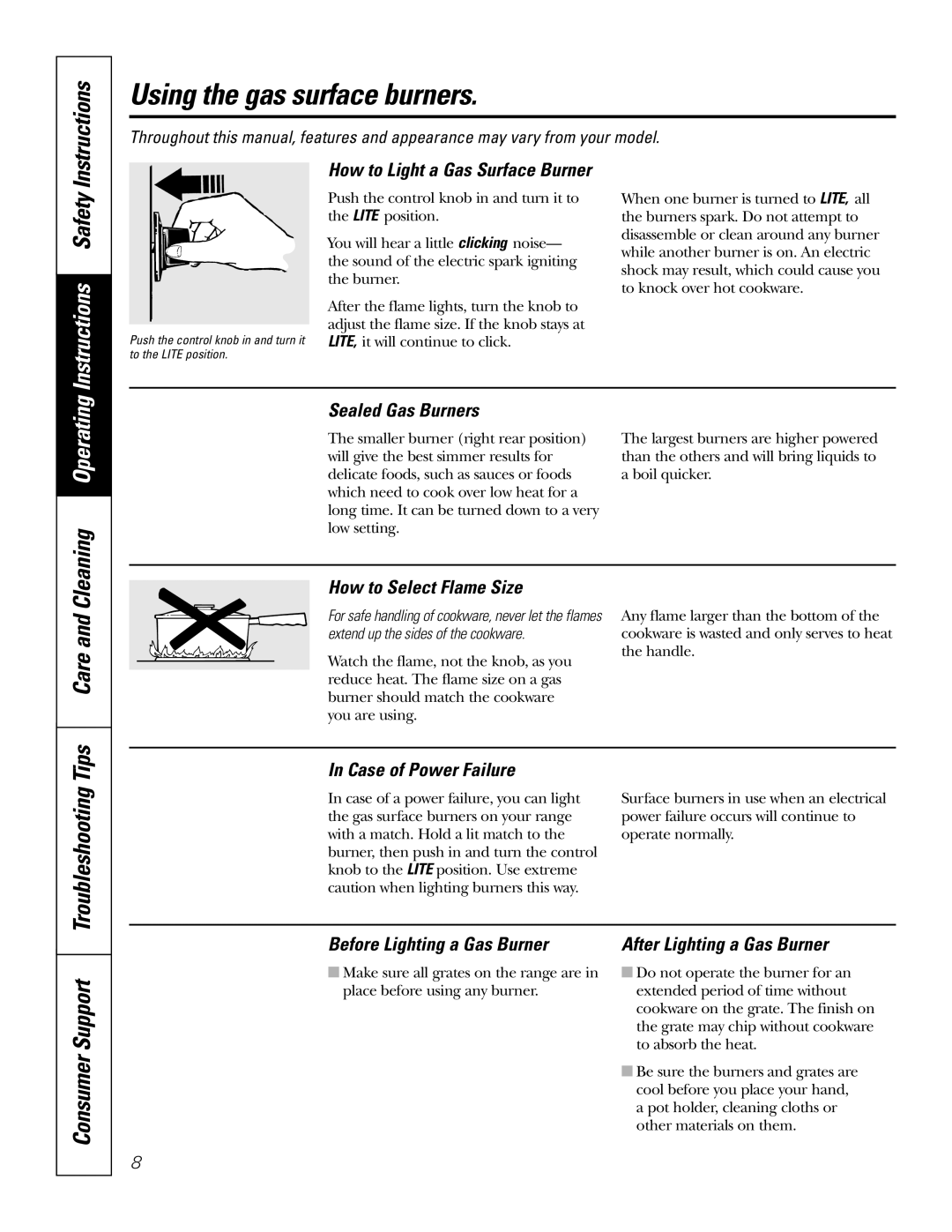 GE JGS905 owner manual Using the gas surface burners, Instructions Safety, Care, Consumer Support 